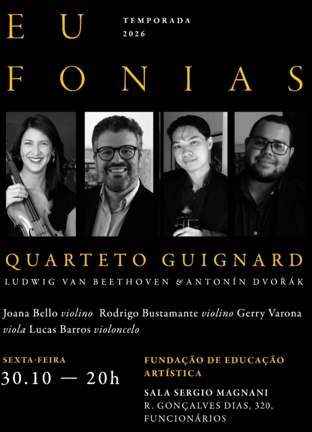Foto de capa de divulgação para o concerto do Quarteto Guignard no dia 30 de Outubro, na Fundação de Educação Artistica. No arquivo, foto centralizada dos integrantes, local, data e titulo da apresentação em destaque amarelo 