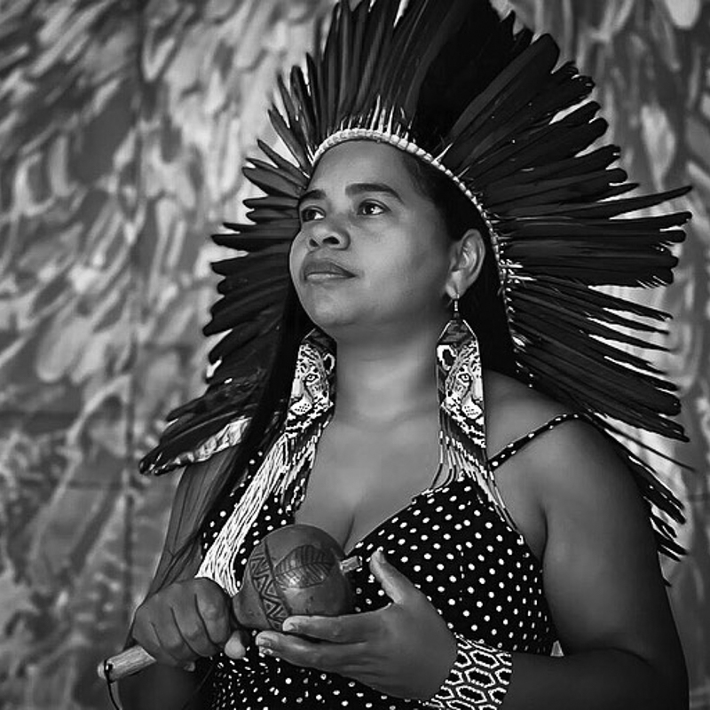  mulher indígena com cocar na cabeça de perfil olhando para o lado	