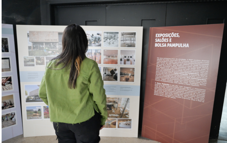 Na foto, uma mulher observa um dos painéis da expoisção MAP ITINERANTE - Crédito Alessandro Carvalho