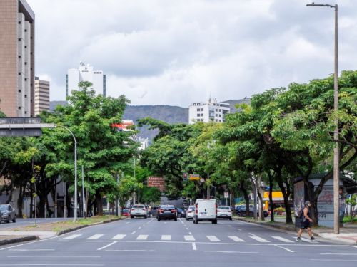 Uma rua larga de cidade, com asfalto escuro e faixas de pedestres brancas. Há carros estacionados e outros em movimento. Um homem atravessa a rua à direita. Ambos os lados da rua são arborizados com árvores de folhas verdes densas. Ao fundo, vêem-se prédios altos e, mais distantes, montanhas sob um céu com nuvens.