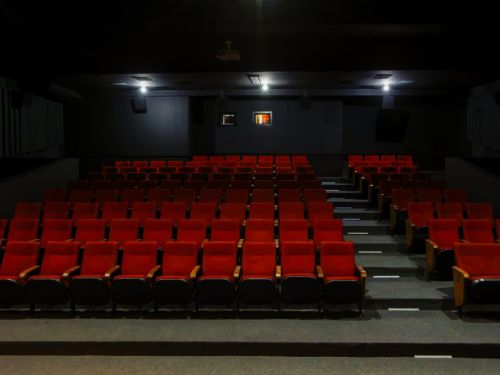 Uma sala de cinema ou teatro vazia, com as poltronas iluminadas por luzes do teto. As poltronas são estofadas em um tom de vermelho escuro, e estão dispostas em fileiras, com os assentos mais distantes elevados em degraus. O chão está coberto por um carpete preto ou cinza escuro. As paredes são de um cinza-chumbo e no teto há luzes embutidas e um projetor.