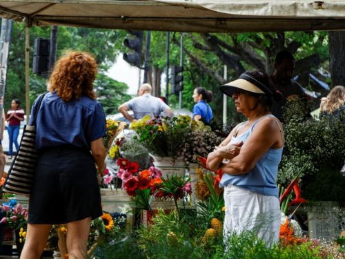Movimento de pessoas em uma feira de flores ao ar livre. Um pouco atrás, uma mulher de cabelos ruivos cacheados e blusa azul, de costas para a câmera. No primeiro plano, uma mulher com chapéu de palha, regata azul e de braços cruzados caminha na mesma direção. Ambas estão cercadas por flores e folhagens coloridas, em tons de vermelho, amarelo e branco.