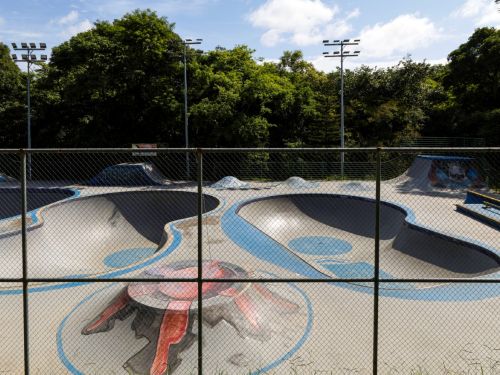 Imagem de pista de skate vista de trás de uma cerca metálica. Há bowls grandes de concreto em tons cinza e azul, com pinturas no fundo. Ao redor, postes de iluminação altos e árvores densas.