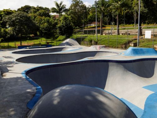 Imagem de pista de skate com bowls profundos de concreto, alguns conectados entre si. No entorno há árvores, postes de iluminação e uma cerca metálica. O céu está azul com nuvens.