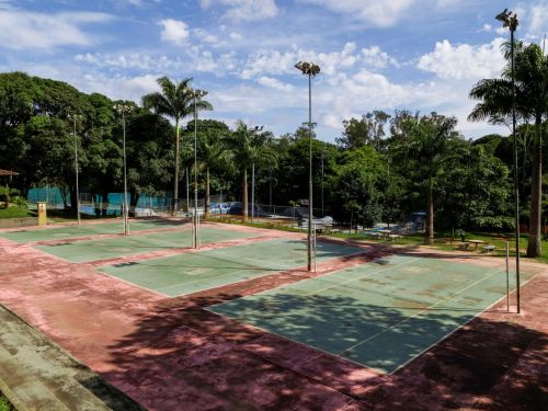 Quadras esportivas ao ar livre com piso verde gasto e linhas brancas. São cercadas por postes de iluminação e árvores altas ao redor. O céu está parcialmente nublado.