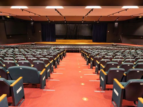 Grande auditório vazio, com palco de madeira iluminado e cortinas pretas. Fileiras de cadeiras verdes escuras com braços de madeira, dispostas simetricamente em carpete vermelho. Teto com luzes embutidas e trilhos. Paredes escuras com telas grandes. Corredor central com marcas douradas no chão, guiando ao palco. Ambiente silencioso, ideal para apresentações ou conferências.