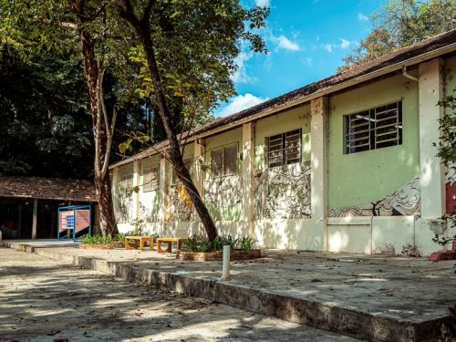 A fotografia mostra a área externa de um edifício de um pavimento, com fachada em tom verde-claro e detalhes em branco. Nas paredes, há murais artísticos em preto e branco com elementos de natureza e formas orgânicas. As janelas são retangulares, com caixilhos metálicos e grades. À frente, o espaço é pavimentado em pedra e sombreado por árvores altas, criando uma atmosfera de pátio arborizado. No canto esquerdo, vê-se uma cobertura de telhas coloniais e, ao lado, um painel informativo.