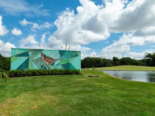 Um prédio de cor verde-água, com um grande mural. A pintura tem um pássaro e formas geométricas abstratas em vários tons de verde e azul. O prédio está em um parque, com um vasto gramado que se estende até a beira de um lago. O céu é azul e tem grandes nuvens brancas, que se refletem na água.