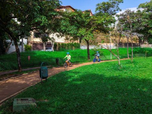 Dois meninos andam de bicicleta em uma pista de terra batida que corta um gramado verde. O menino em primeiro plano veste capacete e roupa verdes. O parque é cercado por árvores. Ao fundo, do outro lado de uma cerca, vê-se uma rua e uma casa com garagem.