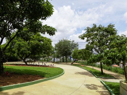 Caminho pavimentado em curva clara rodeado por gramados e árvores de copa grande. Ao fundo, bancos e áreas de sombra. Céu parcialmente nublado.
