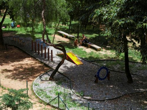 Área cercada com percurso de cascalho e equipamentos baixos de madeira e ferro para treino de cães. Árvores fornecem sombra. Pessoa sentada em banco com cachorro.