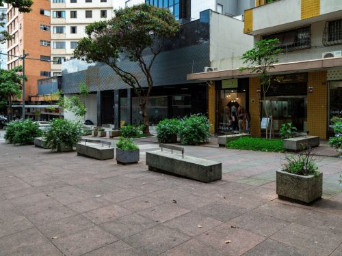 Calçadão com bancos e vasos de concreto retangulares preenchidos por arbustos verdes. Árvores com copas largas projetam sombra no piso. Fachadas de lojas e prédios baixos ladeiam a praça.