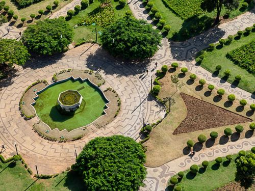 Vista panorâmica e elevada da praça circular, mostrando seu traçado geométrico de canteiros e caminhos. A fonte está no centro. Avenidas movimentadas com carros, ônibus e trânsito intenso circundam a praça, que é rodeada por um anel de altos edifícios de escritórios e residenciais.