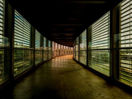 A imagem mostra um corredor elevado coberto, com piso de concreto liso e corrimãos metálicos em ambos os lados. As laterais são formadas por grandes painéis de vidro com faixas horizontais opacas que permitem a entrada de luz e a visão parcial da área externa. O espaço é fechado por estrutura metálica na parte superior, e o corredor segue em curva suave até o fundo da imagem. Do lado de fora, através dos vidros, é possível ver vegetação, prédios e parte de uma via urbana.