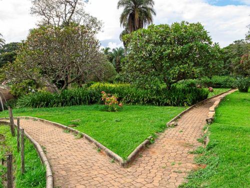 Caminho pavimentado com pedras grandes formando um "Y", dividindo-se em duas direções. A vegetação é composta por gramado verde e algumas árvores dispersas ao longo do caminho. O céu está parcialmente nublado com nuvens brancas, transmitindo uma luz suave.