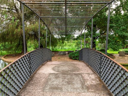 onte metálica com estrutura de grades triangulares atravessa um pequeno lago. O caminho de concreto é visível, com vegetação densa ao redor, incluindo árvores de grande porte e plantas rasteiras. O reflexo da ponte é visível na água.
