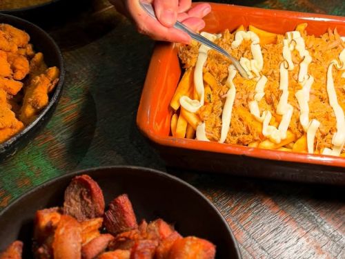 Imagem de batata frita com queijo em cima e frango frito do lado.