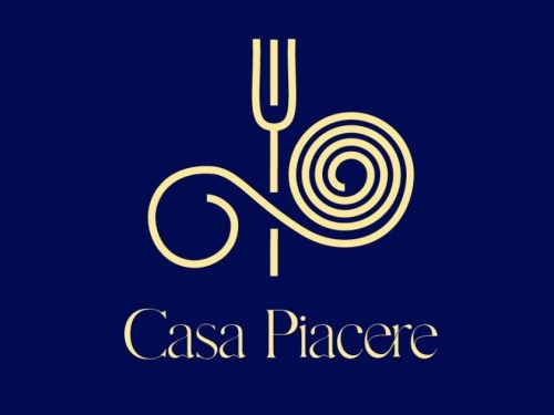 Logo do Restaurante Casa Piacere com fundo azul e símbolo de garfo dourado 
