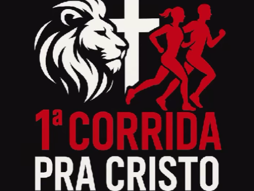 Imagem de um leão, uma cruz e um casal de corredores, em fundo preto com dizeres em vermelho e branco: 1ª Corrida pra Cristo