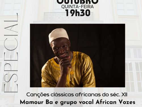 A imagem é um cartaz de divulgação de um evento musical no Conservatório UFMG. O cartaz destaca a foto de Mamour Ba vestido com traje tradicional dourado e gorro branco, com um fundo escuro.