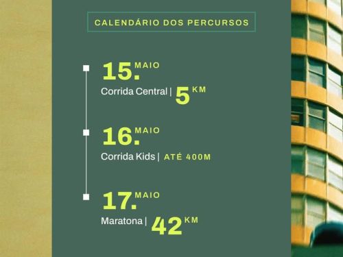 Arte com foto de um prédio e sobreposição em fundo verde escuro de texto com calendário dos percursos em verde-neon. 