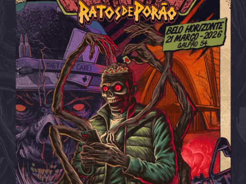 Imagem estilo gibi, uma caveira mexendo no telefone com 6 braços se mexendo