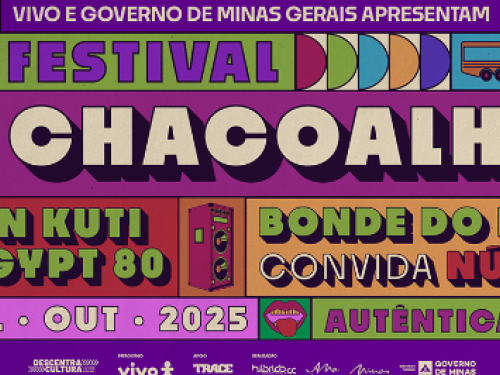 Imagem ilustrativa de um cartaz de divulgação do Festival Chacoalha, que acontecerá em 31 de outubro de 2025, na Autêntica. O cartaz tem cores vibrantes, ícones gráficos e estilo retrô.