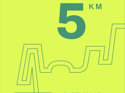 Arte em fundo amarelo-neon com o traçado estilizado do percurso. Ao centro, em destaque, está escrito “Corrida Central — 5km”. Abaixo, o desenho de uma linha ondulada que representa o trajeto. No rodapé, em letras grandes, lê-se: “Sexta, 21h – 15 de maio”.