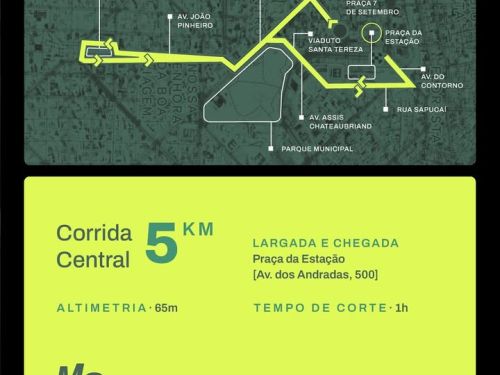 Arte com fundo escuro e linhas em verde-neon. Um mapa destaca o trajeto da Corrida Central de 5 km pelas ruas de Belo Horizonte, passando por pontos como Praça da Liberdade, Avenida João Pinheiro, Viaduto Santa Tereza, Praça Sete e Praça da Estação. Ao lado, em fundo amarelo neon, estão as informações: “Corrida Central 5 KM. Altimetria: 65m. Largada e chegada: Praça da Estação (Av. dos Andradas, 500). Tempo de corte: 1h”.
