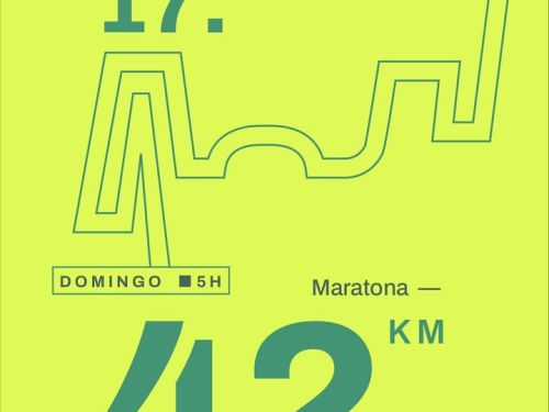 Card em fundo amarelo neon. No topo, em destaque: “17. MAIO”. Abaixo: “DOMINGO” e “5H”. No canto direito, em letras grandes: “42km – Maratona”