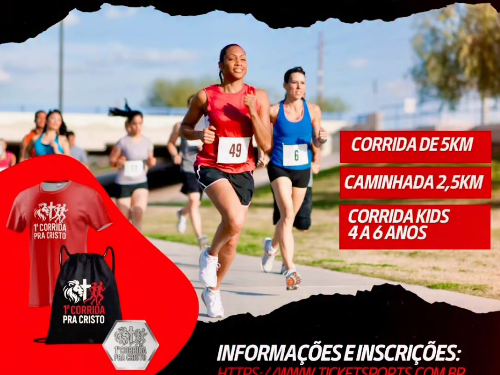 Foto de corredores em fundo preto e informações sobre o evento em branco