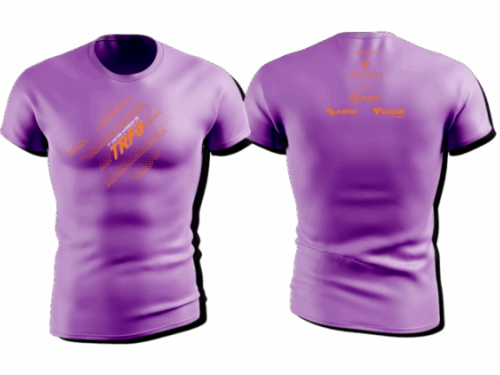 Imagens de frente e verso da camisa da 1ª Corrida Solidária do TRF6 na cor roxa