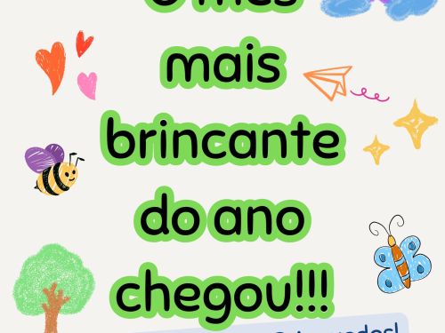 cartaz colorido com imagens que se referem a infância como corações, arco-íris, arvoré, borboleta, abelha, sol e outros elementos 