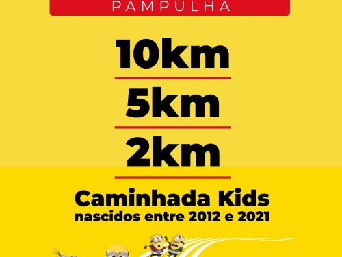 Imagem amarela, com titulo, data e local do evento. Bichinhos amarelos, com olhos arredondados correndo. 10 km 5 km 2 km e Caminhada kids