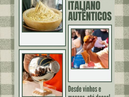Cartaz com fundo decorativo com o título "SABORES ITALIANOS AUTÊNTICOS". Texto informa: "Desde vinhos e massas, até doces!".