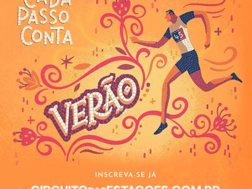 Imagem laranja com flores ao redor e um desenho de uma pessoa correndo