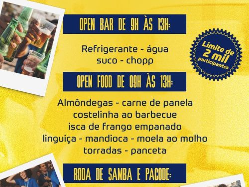 Imagem amarela, informando sobre o Open Food e Open Bar, ao lado foto com pessoas bebendo, dançando 
