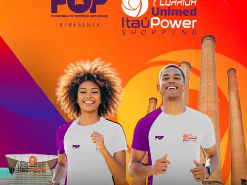 Imagem colorida, de duas pessoas correndo e atrás esta o Shopping Itau