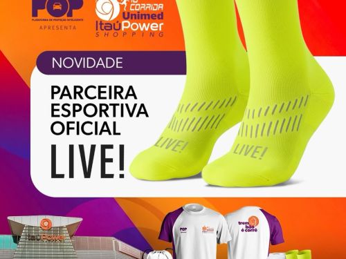 Imagem com o Shopping de fundo, o kit do lado e a Meia da Patrocinadora em destaque