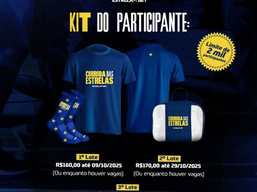 Imagem azul escuro, com o kit do participante, valor dos lotes, data e local do evento