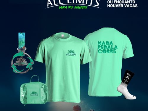 Imagem com o fundo escuro, com 2 blusas na cor verde, uma meia, necessaire e a medalha