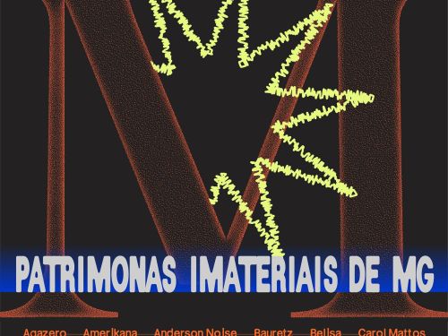 Imagem com as cores preta, laranja e azul, com o nome do evento e os artistas 