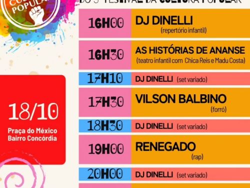 Cartaz mostra a programação do festival. As atrações são: DJ Dinelli às 16h, teatro infantil As Histórias de Ananse às 16h30, shows de Vilson Balbino (forró) às 17h30, Renegado (rap) às 19h e Baticum (samba) às 20h30. O evento é gratuito e patrocinado pelo Governo de Minas.