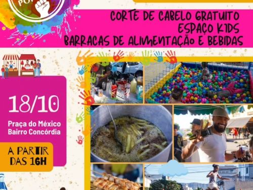 Cartaz colorido anuncia o 3º Festival da Cultura Popular, que acontece no dia 18 de outubro, a partir das 16h, na Praça do México, bairro Concórdia. Informa que haverá corte de cabelo gratuito, espaço infantil e barracas de comida e bebida. As imagens mostram pessoas se divertindo, brincadeiras, comidas e bebidas típicas. O evento é apoiado pelo Governo de Minas e pela associação Ascomac.