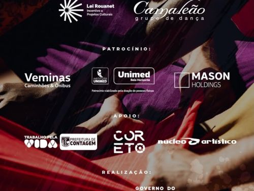 magem de fundo são varias mãos puxando alguns panos de cores vermelho e roxo. Patrocino na parte central da imagem