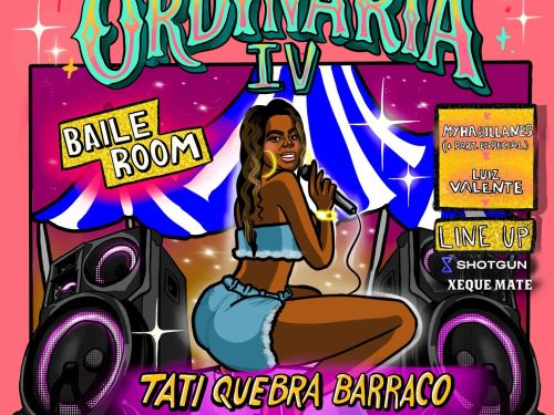 Imagem de fundo rosa, com um desenho de uma mulher dançando e caixas de som no fundo