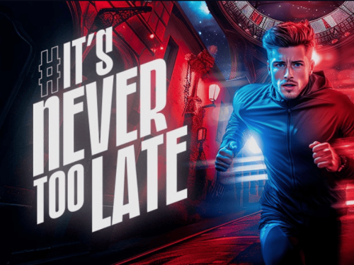 Imagem com um homem correndo em uma cidade, com uma frase ao lado