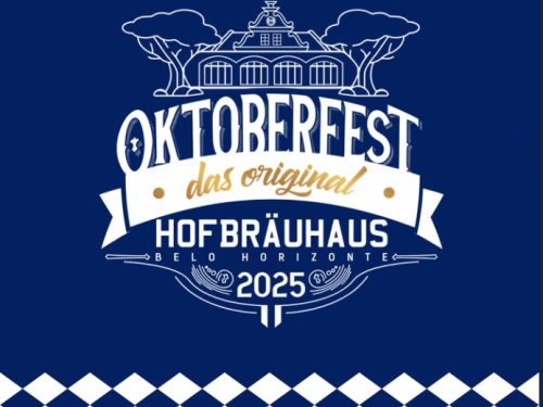 Desenho com traços brancos em fundo azul de uma casa com arvores no envolta e a logomarca do Hofbrauhaus convidando para o Oktoberfest