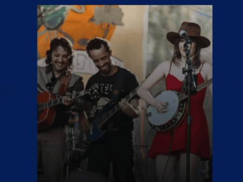Dois homens e uma mulher segurando instumentos de corda (baixo, violão e banjo)