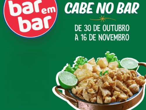 Pôster verde de divulgação com foto de torresmo e mandioca fritos acompanhados de limão